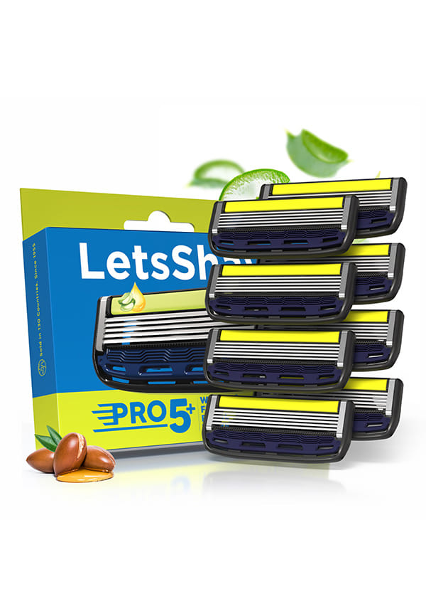 LetsShave Pro 5 Plus Manual Shaving Razor Blades Refills (Cartridge), Pack of 12, World's First Curved Blade with Vitamin E & Argan Oil Lubricating Strip, Blades for Men