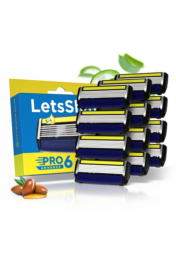 LetsShave Pro 6 Advance Manual Shaving Razor Blades Refills (Cartridge), Pack of 10 + 2 Free, World's First 6-Blade & Precison Back Blade with Argan Oil & Aloe Vera Infused Moisture Bar, Blades for Men
