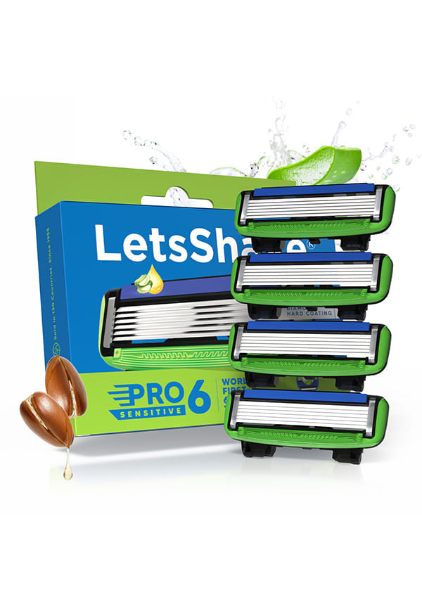 LetsShave Pro 6 Sensitive Manual Shaving Razor Blades Refills (Cartridge), Pack of 4, World's First 6-Blade & Precison Back Blade with Argan Oil & Aloe Vera Infused Moisture Bar, Blades for Men