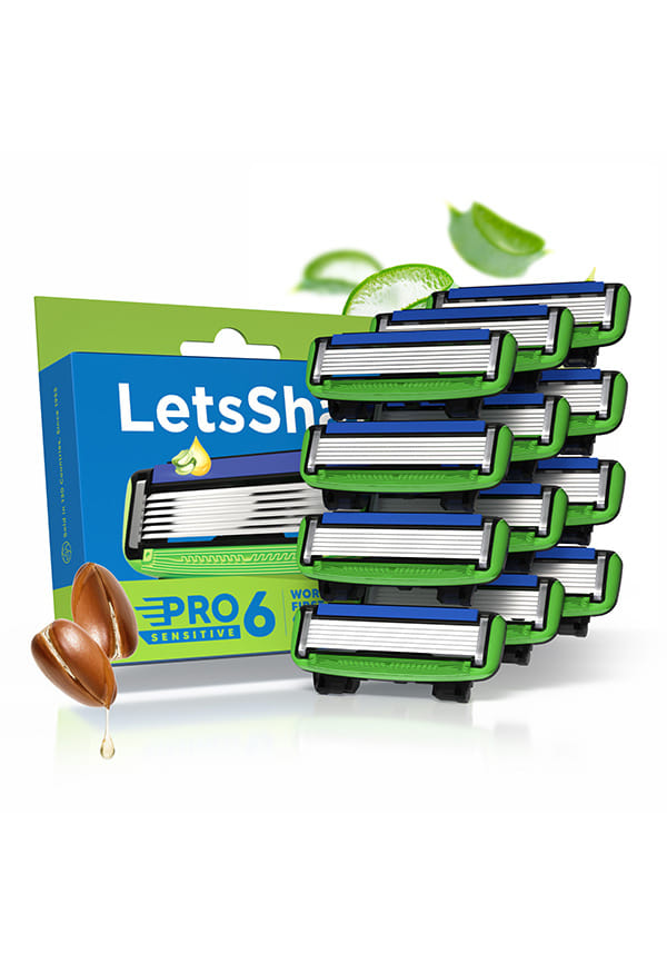 LetsShave Pro 6 Sensitive Manual Shaving Razor Blades Refills (Cartridge), Pack of 4, World's First 6-Blade & Precison Back Blade with Argan Oil & Aloe Vera Infused Moisture Bar, Blades for Men