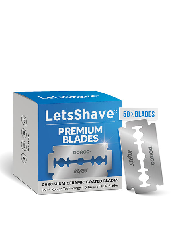 LetsShave Premium DE -Blade, Pack of 50, 5 Tucks of 10 N, Chromium Ceramic Coated Blades, South Korea Technology, Blades- for Men