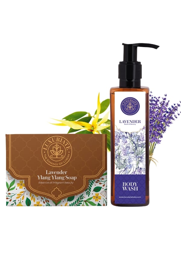 Lavender Ylang Ylang Essense of Fragrant Beauty Soap Bar And Lavender Buds of Beauty Fresh Body Wash Shower Liquid for Men and Women combo pack of 2 pcs