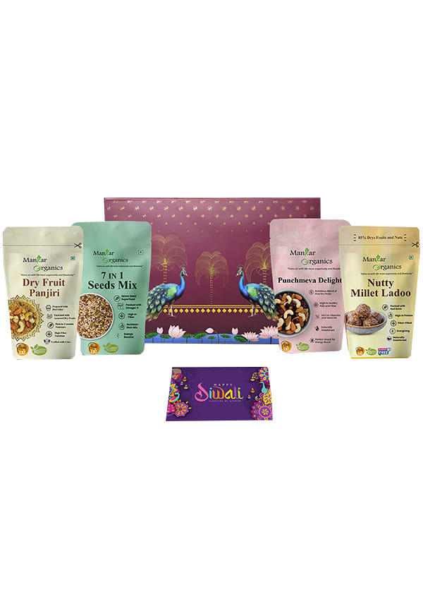 Diwali Festive Hamper with Dry Fruit Panjiri, 7 in 1 Seeds Mix, Panchnavas Delight and Nutty Millet Ladoo with Diyas