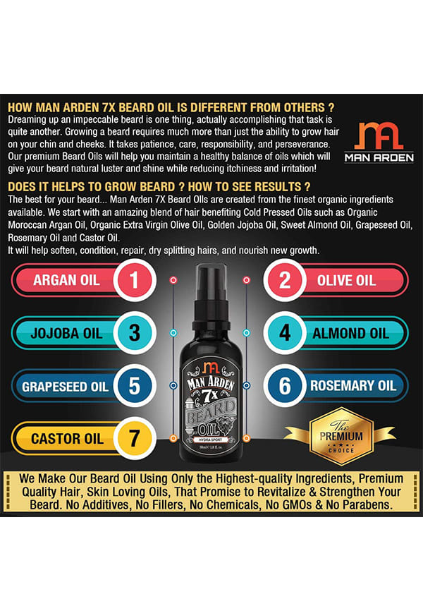Man Arden 7X Beard Oil (Hydra Sport) - 7 Premium Oils Supports Beard Growth & Nourishment – thumbnail 6
