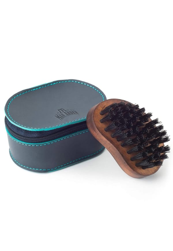 Pocket Size Beard Brush with Hand Crafted Premium Wood Handle with Premium Faux Leather Pouch