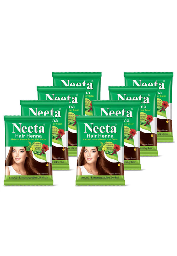 Neeta Hair Henna Powder Hair Color with 5 Herbs | 25gm Natural Brown Pouch | Pack of 8