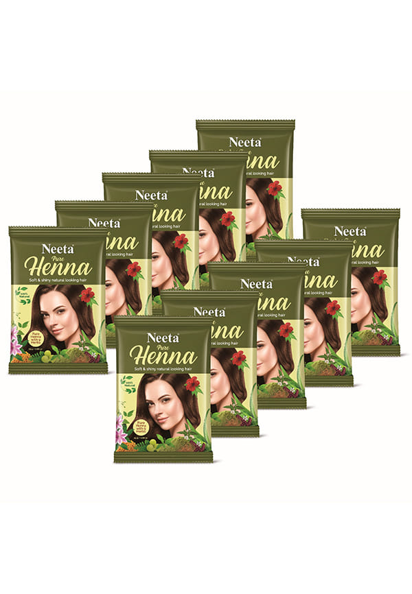 Neeta Pure Henna Powder for Hair with 9 Natural Herbs, 100% Natural | 25gm Natural Brown Pouch | Pack of 10