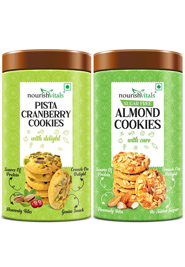 Pista Cranberry Cookies + Almond Sugar Free Cookies, Heavenly Bites, Source of Protein, Crunchy Delights, Genius Snack