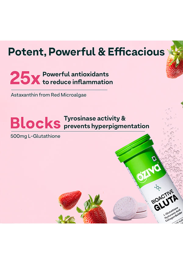 oziva glutathione uses Bioactive Gluta Fizzy (L-Glutathione), Reduce Cellular Damage on Skin Say hello to radiant, even-toned