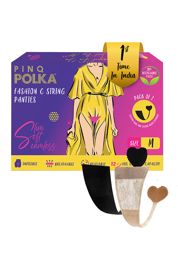 Premium Reusable Fashion Seemless C String Panty, Nude Lace Material and Black Spandex,Pack of 2