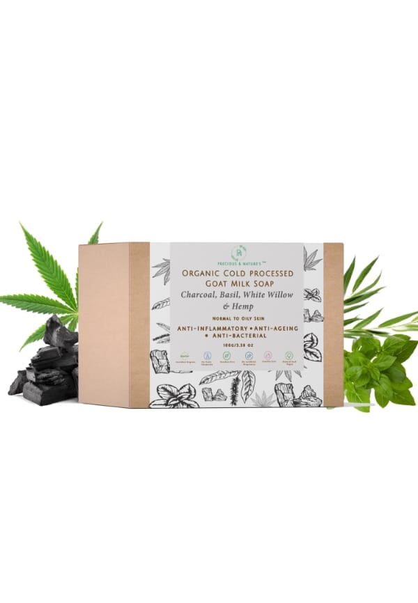Organic & Cold-processed Goat Milk Soap with Charcoal, Basil, White willow & Hemp