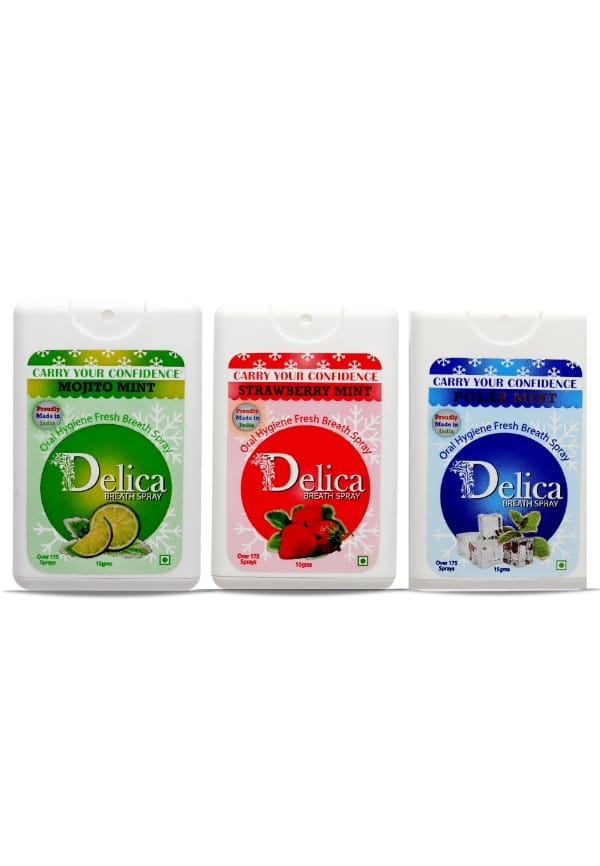Delica Assorted - Polar Mint, Strawberry Mint, Mojito Mint Flavor Instant Mouth And Breath Freshner Spray For Bad Breath Delica Assorted - Polar Mint, Strawberry Mint, Mojito Mint Flavor Instant Mouth And Breath Freshner Spray For Bad Breath