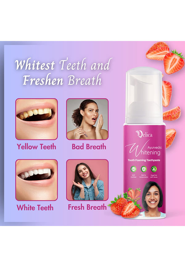 Ayurvedic Teeth Whitening Foam Toothpaste to Remove Stains & Yellow Teeth, Helps Cavities & Sensitivity (Strawberry) – thumbnail 2