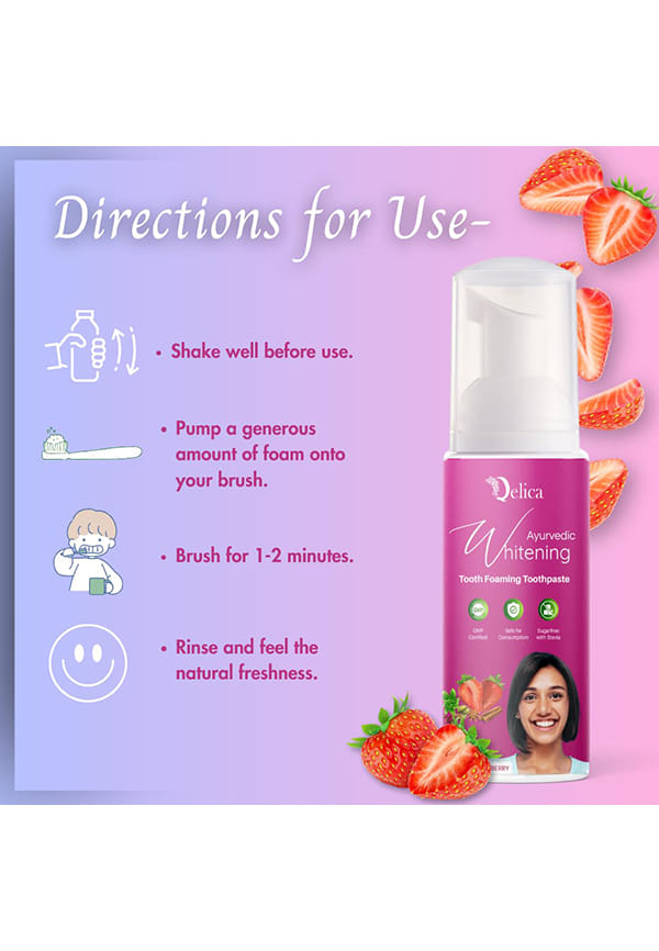 Ayurvedic Teeth Whitening Foam Toothpaste to Remove Stains & Yellow Teeth, Helps Cavities & Sensitivity (Strawberry) – thumbnail 3
