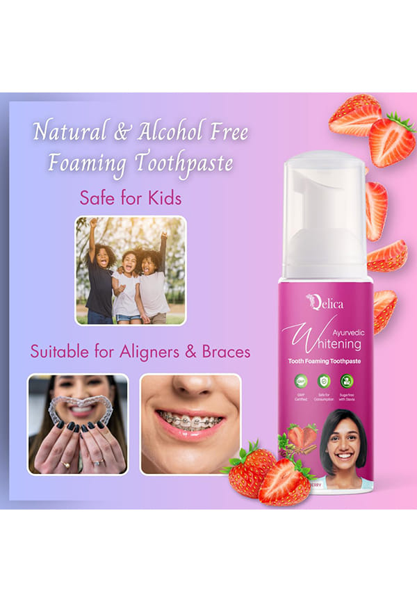 Ayurvedic Teeth Whitening Foam Toothpaste to Remove Stains & Yellow Teeth, Helps Cavities & Sensitivity (Strawberry) – thumbnail 4