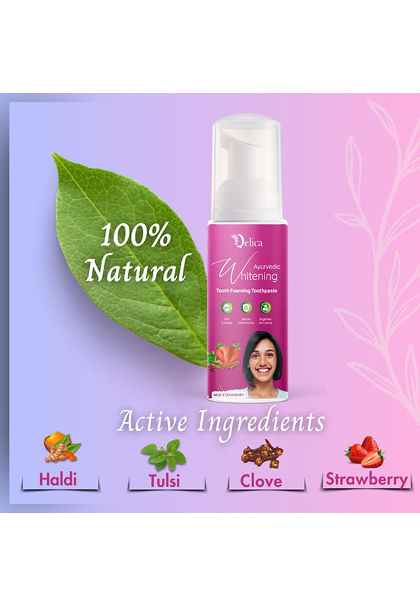 Ayurvedic Teeth Whitening Foam Toothpaste to Remove Stains & Yellow Teeth, Helps Cavities & Sensitivity (Strawberry) – thumbnail 5