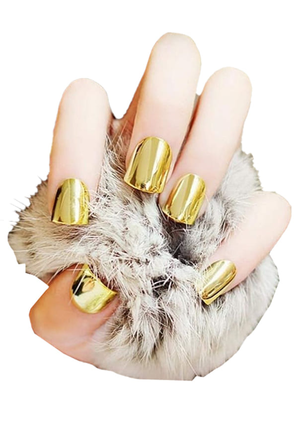 Instant Stick On Nails - Golden Chrome | 24 Reusable Artificial Fake Nail Set/Extensions | Quick, Lightweight, Salon Look, Lasts upto 3 weeks | For Festivals & Special Occasions