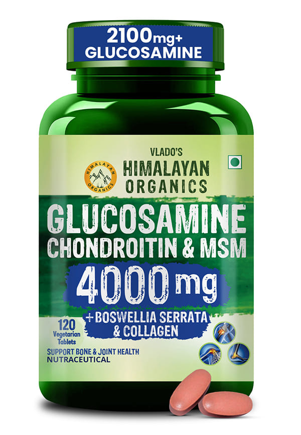 Vlado’s Himalayan Organics Glucosamine Chondroitin MSM Tablets | Cartilage & Joint Support Supplement | Glucosamine for Joint Relieves Pain and Stiffness I Added Collagen peptides, Curcuma, Vitamin D & Boswellia - Pure Veg Formula - 120 Vegetarian Tablets