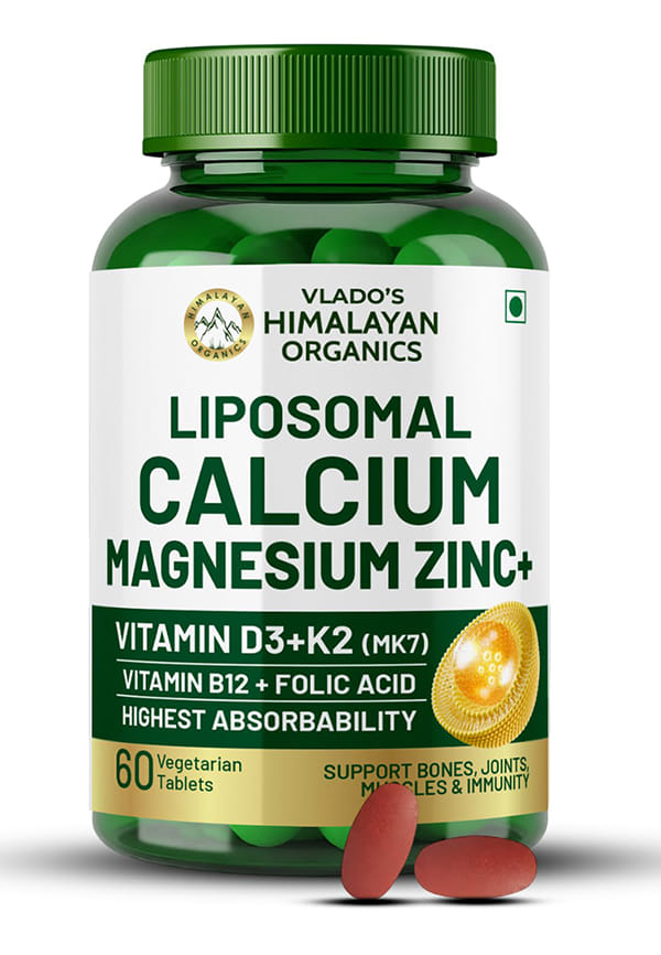 Vlado's Himalayan Organics Plant Based Calcium Magnesium + Zinc | Vitamin D3+k2 Supplement For Stronger Bones | Boost Immunity | Healthy Heart | Muscle Growth - 60 veg Tablet