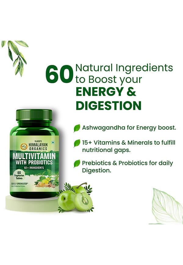 Vlado's Himalayan Organics Multivitamin with Probiotics (60 Tablets) 45 Ingredients for Men & Women with Vitamin C, D, E, B3, B12, Zinc, Giloy & Biotin – thumbnail 6
