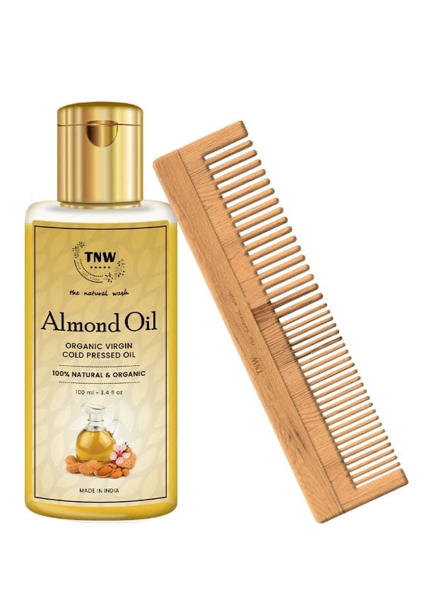 Pure Almond Oil Rich in Vitamin E with Pure Neem Wood Comb Pure Almond Oil Rich in Vitamin E with Pure Neem Wood Comb