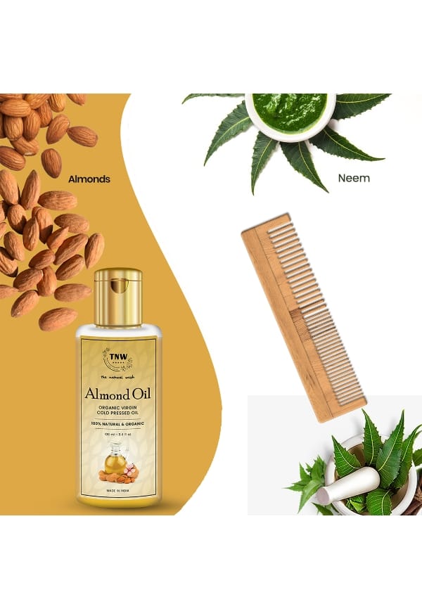 Pure Almond Oil Rich in Vitamin E with Pure Neem Wood Comb – thumbnail 2