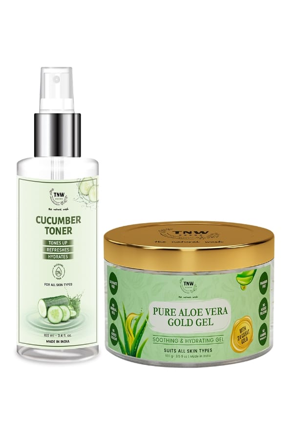 Pure 24k Gold Aloe Vera Gel for Face Skin, Scars & Sunburn with Cucumber Toner for Clear and Toned Skin with Cucumber