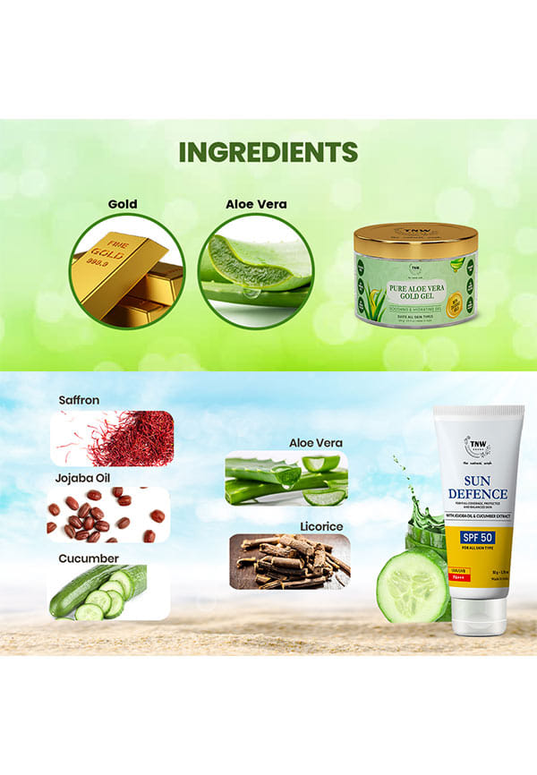 Combo of Aloe Vera Gold Gel & Sun Defence Sunscreen Cream | Beauty Gel For Acne,Scars,Sunburn Treatment Prvents Dark Spots, 100 ML | SPF50 Lotion, Sun Protection For Face 50G – thumbnail 3