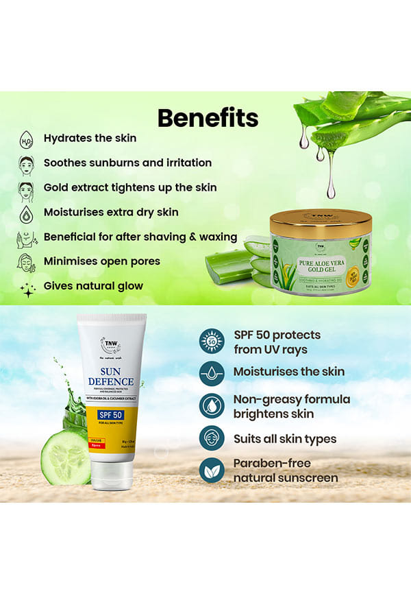 Combo of Aloe Vera Gold Gel & Sun Defence Sunscreen Cream | Beauty Gel For Acne,Scars,Sunburn Treatment Prvents Dark Spots, 100 ML | SPF50 Lotion, Sun Protection For Face 50G – thumbnail 4