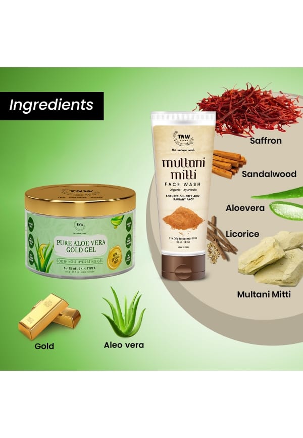 Pure 24k Gold Aloe Vera Gel for Face Skin, Scars & Sunburn with Multani Mitti Face Wash for Oily skin to Normal skin – thumbnail 2