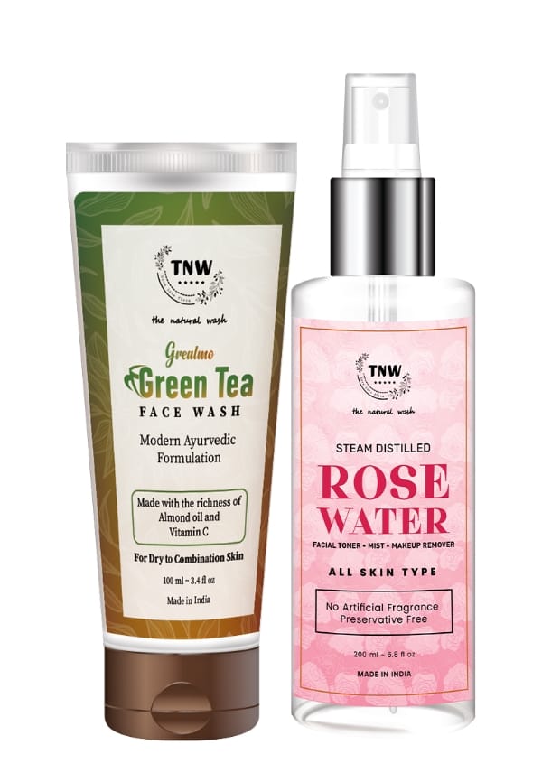Grealmo Face Wash (100ml) and Steam Distilled Rose Water Spray/Makeup Remover (200ml) Combo pack | Perfect Face Care Kit | Green Tea Face Wash & Rose Water Spray