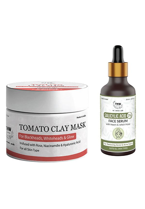 Tomato Clay Mask & Salicylic Acid Face Serum for Removing Blackheads, Whiteheads & Acne