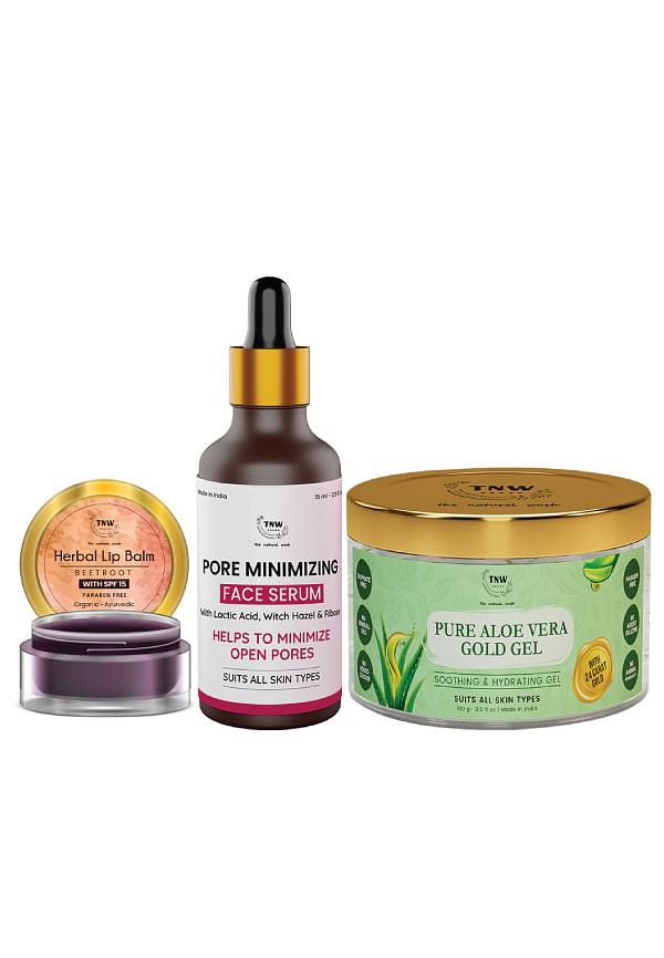 Pure Aloe Vera Gold Gel, Herbal Lip Balm & Pore Minimizing Face Serum