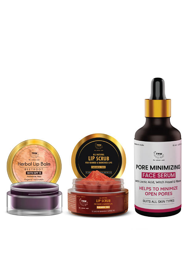 Beetroot Lip Balm, Lip Scrub and Pore Minimizing Face Serum