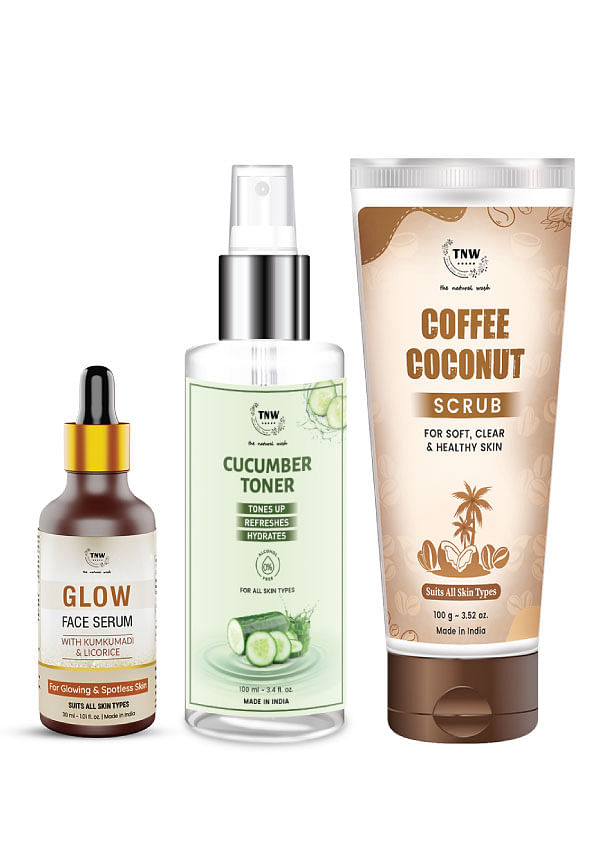Skincare Glow Face Serum, Cucumber Toner & Coffee Coconut Scrub