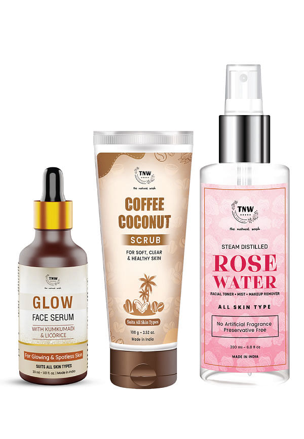 Skincare Glow Face Serum, Coffee Coconut Scrub & Steam Distilled Rose Water