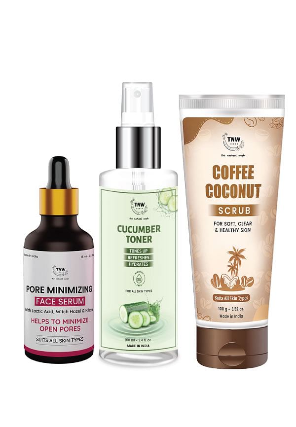 Skincare Coffee Coconut Scrub, Cucumber Toner & Pore Minimizing Face Serum