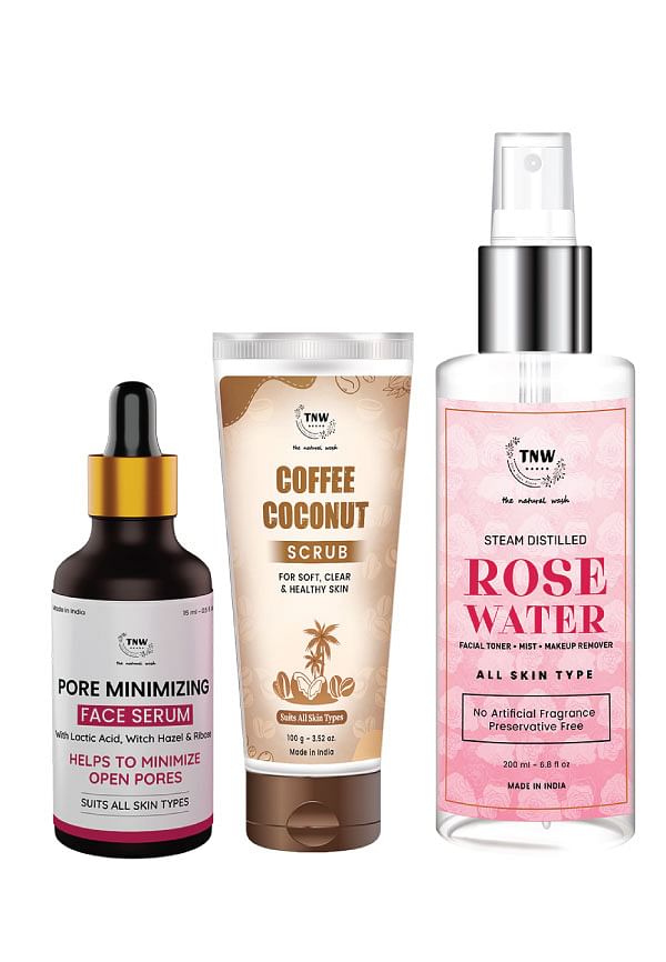 Skincare Coffee Coconut Scrub, Pore Minimizing Face Serum & Steam Distilled Rose Water