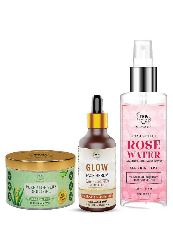 Pure Aloe Vera Gold Gel & Rose Water Spray Bottle & Glow Face Serum