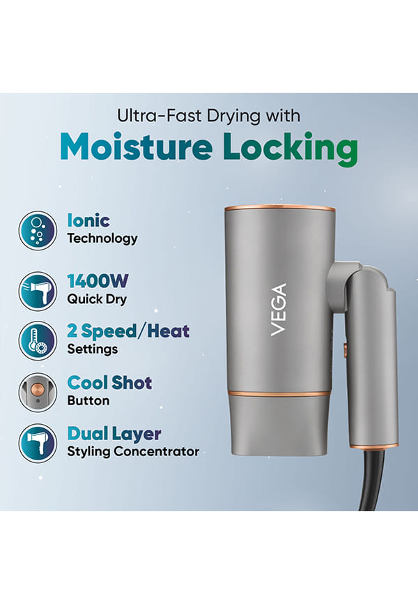 Ionic 1200-1400W Hair Dryer with Ionic Tech & Cool Shot, 2 Heat/Speed, Foldable – thumbnail 2
