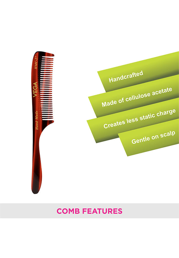 Vega Handcrafted Grooming Hair Comb made with Cellulose Acetate (HMC-27) – thumbnail 3