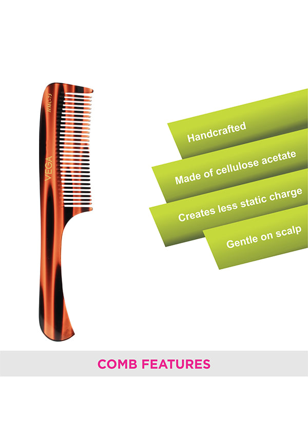 Vega Handcrafted Grooming Hair Comb made with Cellulose Acetate (HMC-73) – thumbnail 3