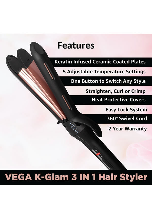 VEGA 3 in 1 Hair Styler  Straightener Curler and Crimper Black   DukanDwar