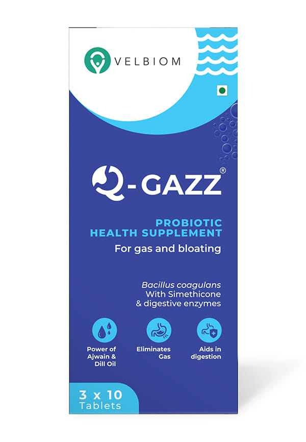 Q-Gazz | Helps in Gas, Bloating and Indigestion | With Digestive enzymes, Probiotics, Ajwain and Saunf