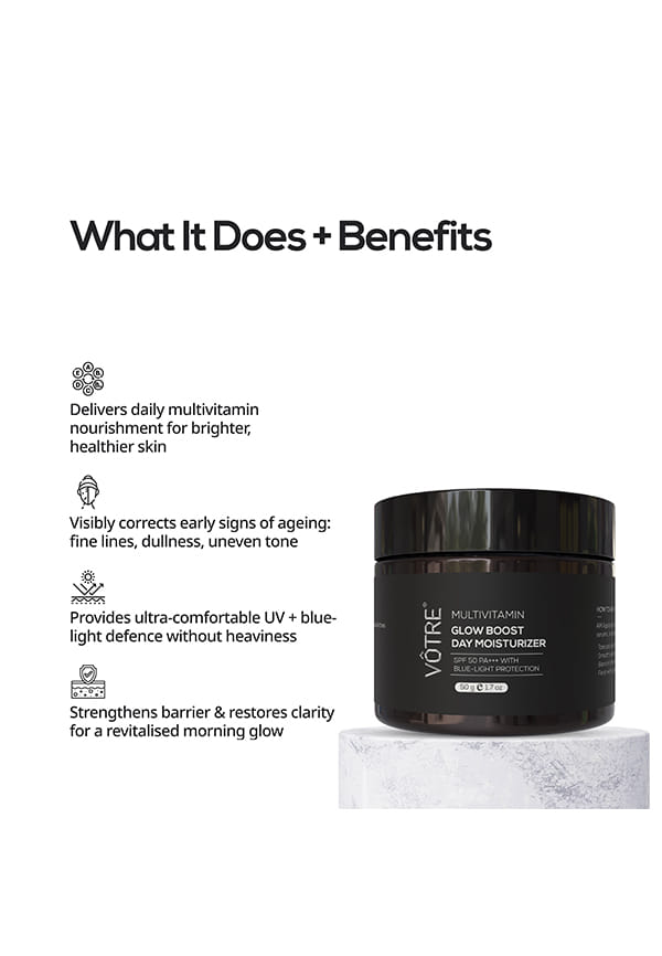 Multi Vitamin Glow Boost Day Moisturiser SPF 50 PA+++ | Multi Vitamin Complex, Niacinamide & Vitamin B9 | For Daily Vitality, Skin Renewal & Early Age Defence | For Men & Women | 50g – thumbnail 2