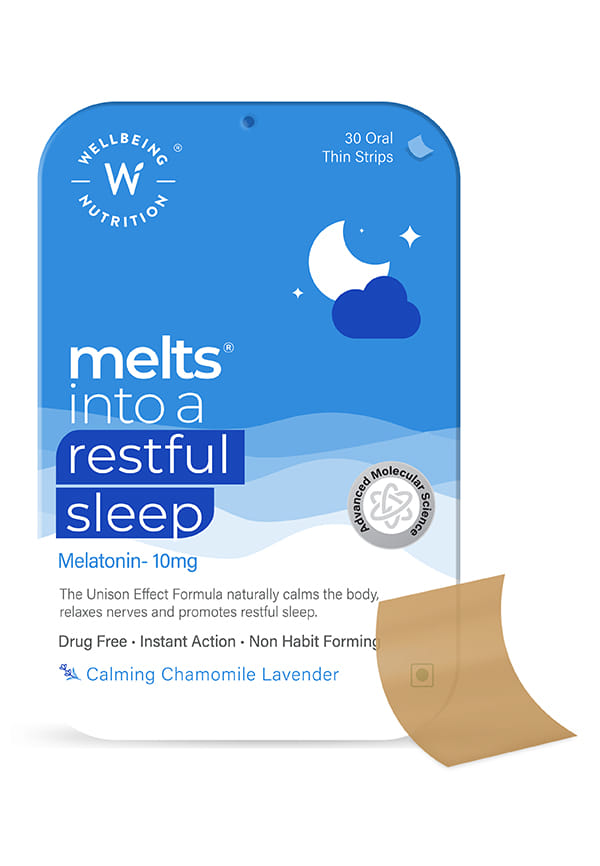Melts Restful Sleep Melatonin 10mg with Tagara, Passion Flower, L-Theanine, Chamomile (30 Oral Strips)