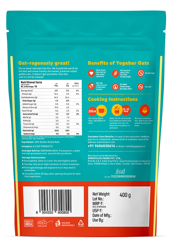 Yoga Bar 100% Rolled Oats | Gluten Free Golden Oats|400g – thumbnail 2