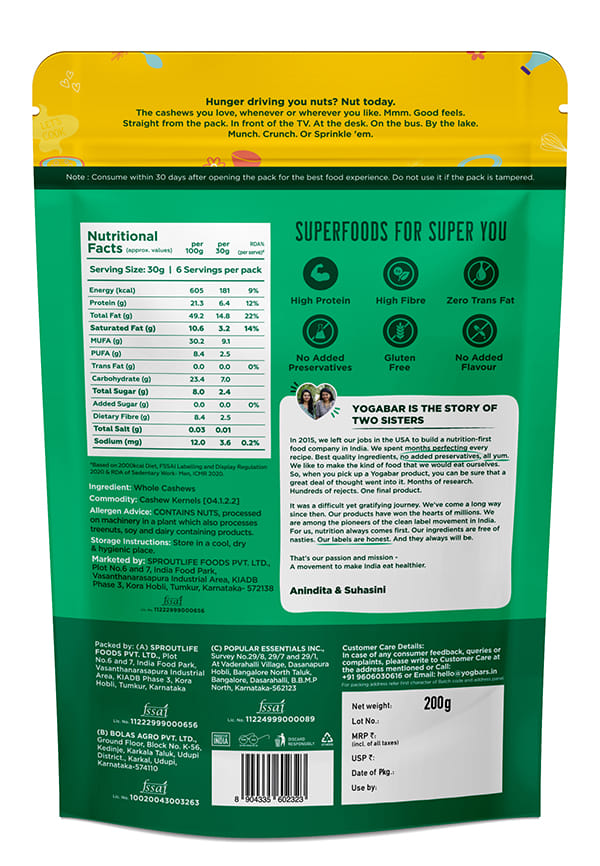Yoga Bar Whole Cashews |Premium Quality | Zero  Cholesterol | 200g – thumbnail 2