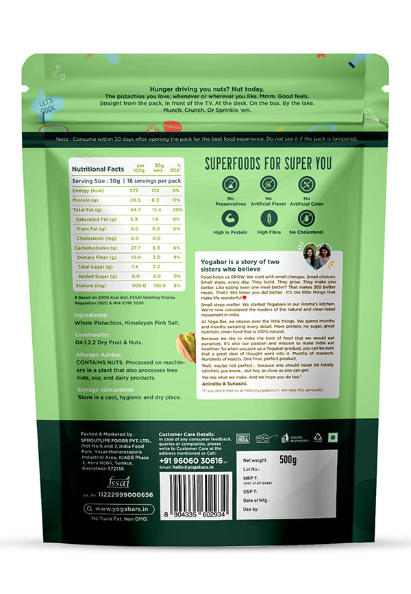 Yoga Bar Roasted & Salted Pistachios | Premium Quality California Pistachios | High Protein Snack | 500g – thumbnail 2
