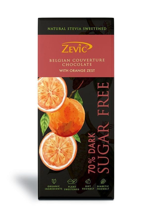 70% Dark Belgian Chocolate with Orange Zest and Stevia 70% Dark Belgian Chocolate with Orange Zest and Stevia